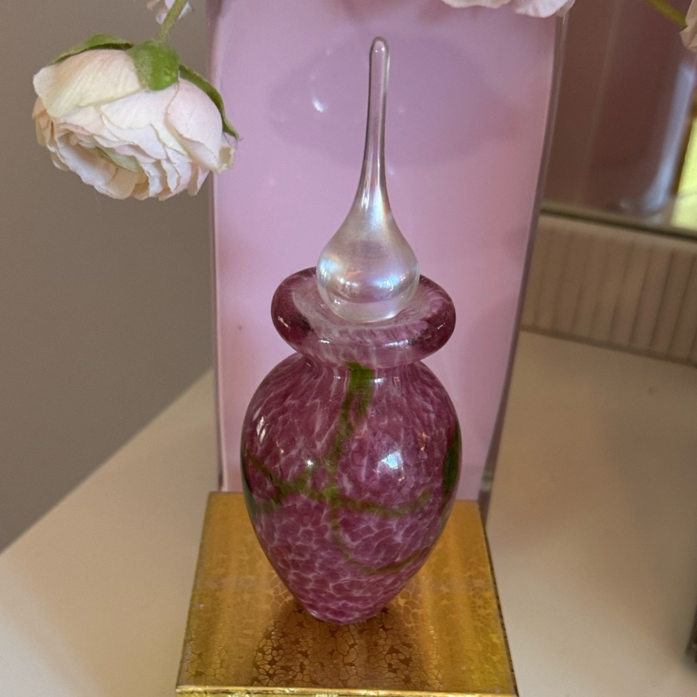 Vintage Hand-blown Glass Bottle - Pink and Green
